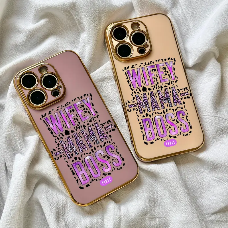 Wifey Mama Boss Leopard Print Soft TPU Electroplated Phone Case for iPhone 16 Pro Max 15 Plus 14Pro 13 12 11 XS Max XS XR Shockproof Protective Cover Trendy Gift for Her