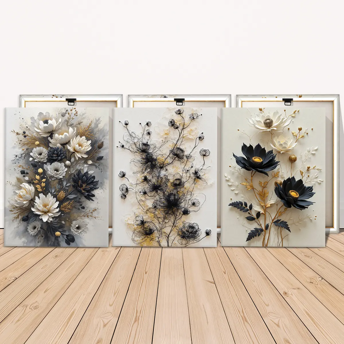 3 Counts Wooden Framed Canvas Painting, Black And White Floral Artwork, Abstract Pattern Print, Exquisite Poster, Perfect Living Room Decoration, Modern Art, Wall Art Decoration, Waterproof Art, Decorative Artwork