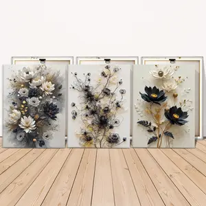 3 Counts Wooden Framed Canvas Painting, Black And White Floral Artwork, Abstract Pattern Print, Exquisite Poster, Perfect Living Room Decoration, Modern Art, Wall Art Decoration, Waterproof Art, Decorative Artwork