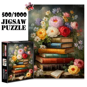 1pc 1000 piece adult puzzle 70x50cm Stack of Books with Assorted Flowers500 pieces paper jigsaw puzzle suitable for DIY creative games for adults and families, birthday and holiday stress relief gift