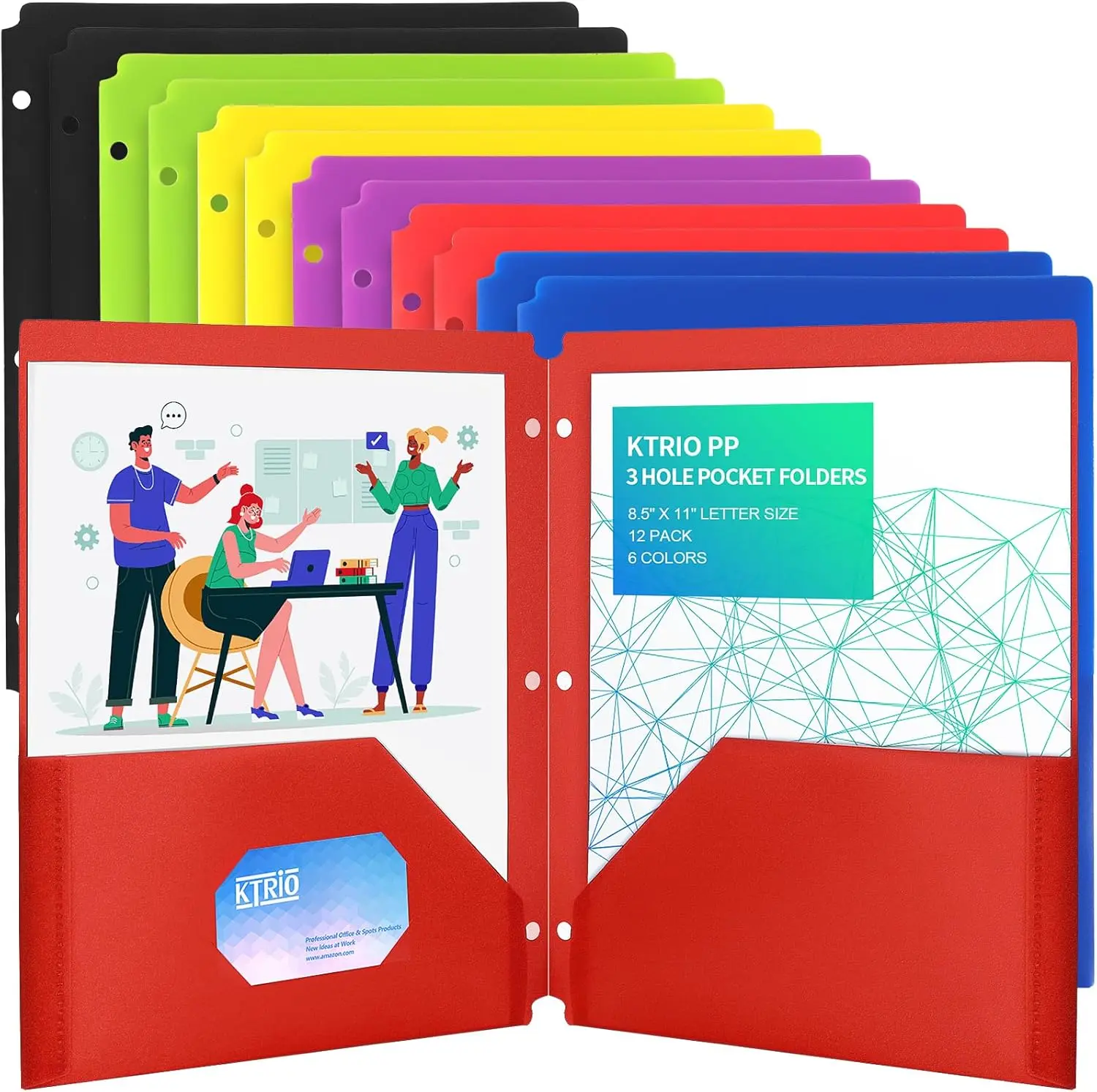 KTRIO 12-Pack 3-Hole Design Polypropylene Folders with Pockets, Anti-Dust Durable Plastic File Organizer for 3-Ring Binder, Letter Size Colored Folders with Business Card Slot & Ample Storage Space for Students