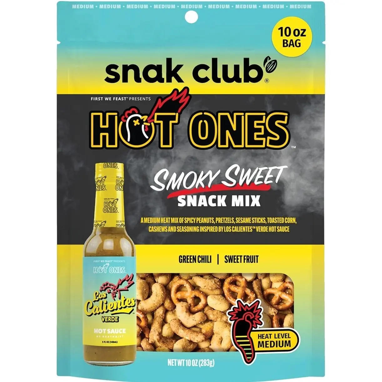 Snak Club x Hot Ones Snack Mix, Smoky Sweet, Spicy Snacks with Peanuts, Pretzels, Sesame Sticks, Toasted Corn, Cashews, Inspired by Hot Ones, Vegan Snack, 10 oz Resealable Bag