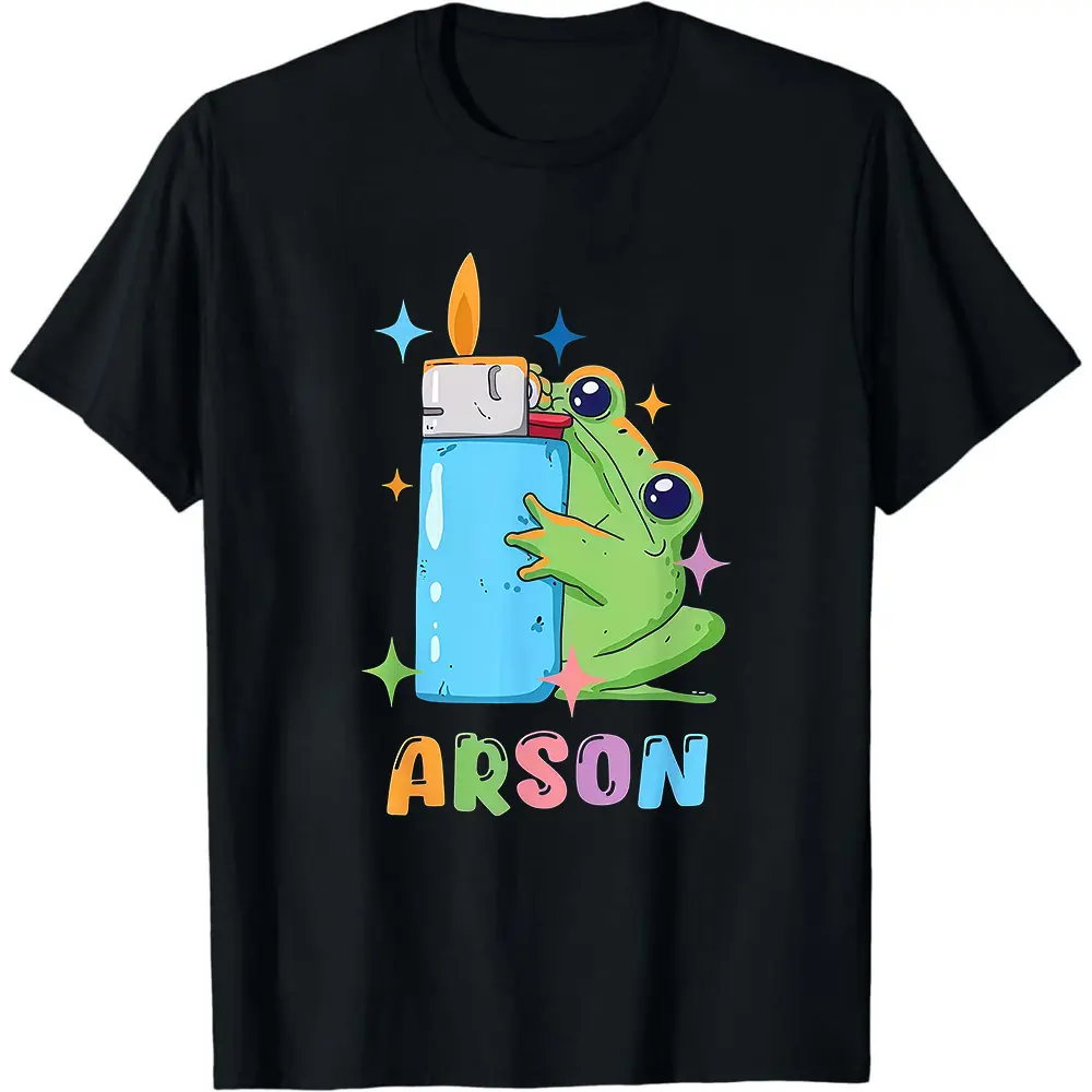 Women's Cotton Short Sleeve Crew Neck Smooth Seamless Solid Ribbed Funny Arson Frog Matchstick & Flames Graphic Black Tee (S-XXXL) - All Seasons Basic Casual Soft Breathable Pyro Comic Costume, Perfect Gift for Dark Humor Fans, Do Not Dry Clean, Foldable,