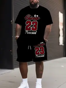 Men's Summer Plus Size Casual Baseball Print T-Shirt Matching Set, Loose Short Sleeve Top and Shorts Two-Piece, Geometric Pattern, All Seasons