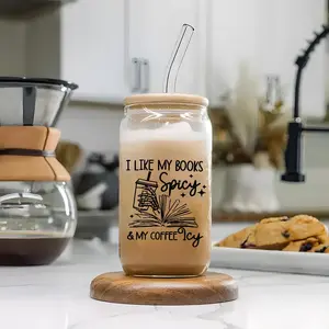 16oz Glass Cup with Straw & Lid, Creative Book & Coffee Pattern Glass Cup, Reusable Drinking Cup for Home Office Use, Perfect Gift for Coffee Lovers, Water Glass Cup, Drinkware, Glassware