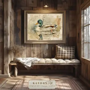 Vintage Mallard Duck Watercolor Painting Original Art Print Home Decor Traditional Homes, Rustic Decor