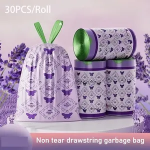 1 Roll/30PCS Lavender Scented Drawstring Trash Bags, Durable Trash Bag, Thickened Leak-Proof Handheld Type - Deodorizing and Fragrance-Enhancing, Suitable for Kitchen, Office, and Student Dormitories, Easy to Tie and Close