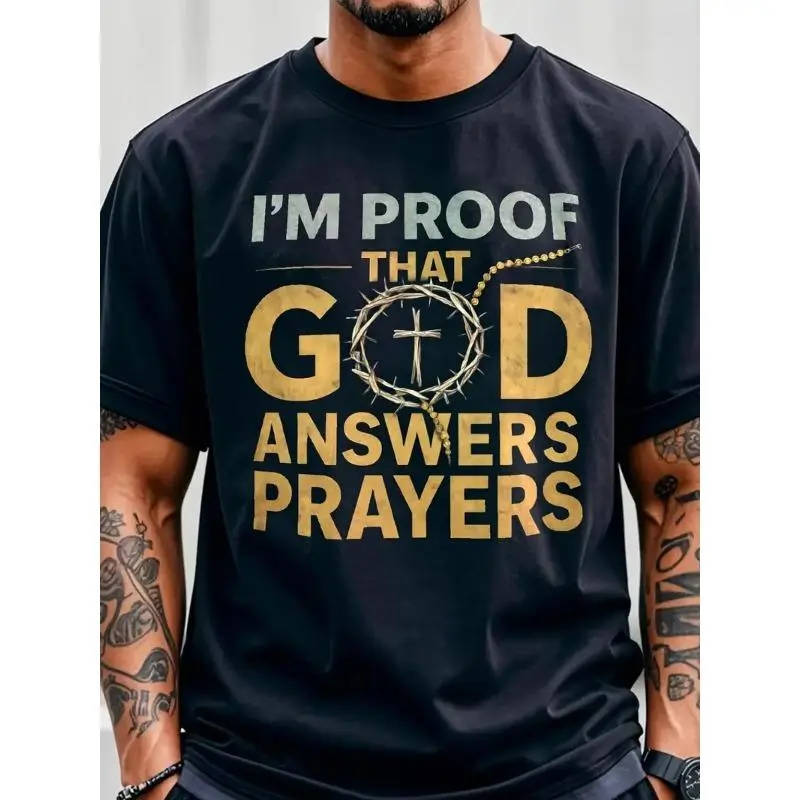 Men's Christian Short-Sleeve T-Shirt - "I Am the Proof of God's Response to Prayer", Golden Letters & Crown Cross Design, Ultra Soft Breathable Blend Fabric, White/Black Round Neck, Regular Fit, Menswear Top, Christian Cross Graphic Tshirt