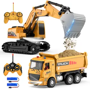RC Truck and Excavator Toy Set - RC Construction Vehicles Toy with Barricades, Road Signs, Simulated Rocks, Lights and Sounds, Birthday Gifts for Toddlers 3-12 year Boys Girls