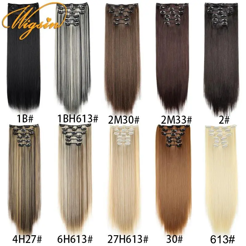 Synthetic 6pcs/set 24Inch Long Straight Hair Extensions Clip-in Heat Resistant Black Blonde Hairpiece for Women