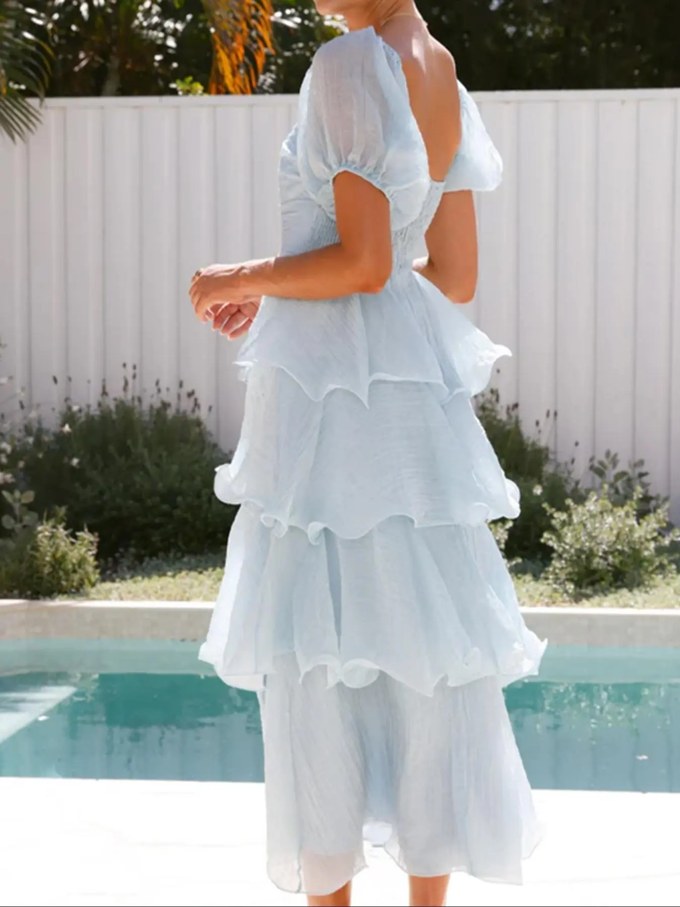Elegant French Style Square Neck Bubble Sleeve Backless Layered Midi Dress, Casual Fitted Plain Design, Perfect for Vacation Wear - TikTok Shop Elegant French Style Square Neck Bubble Sleeve Backless Layered Midi Dress, Casual Fitted Plain Design, Perfect for Vacation Wear - TikTok Shop