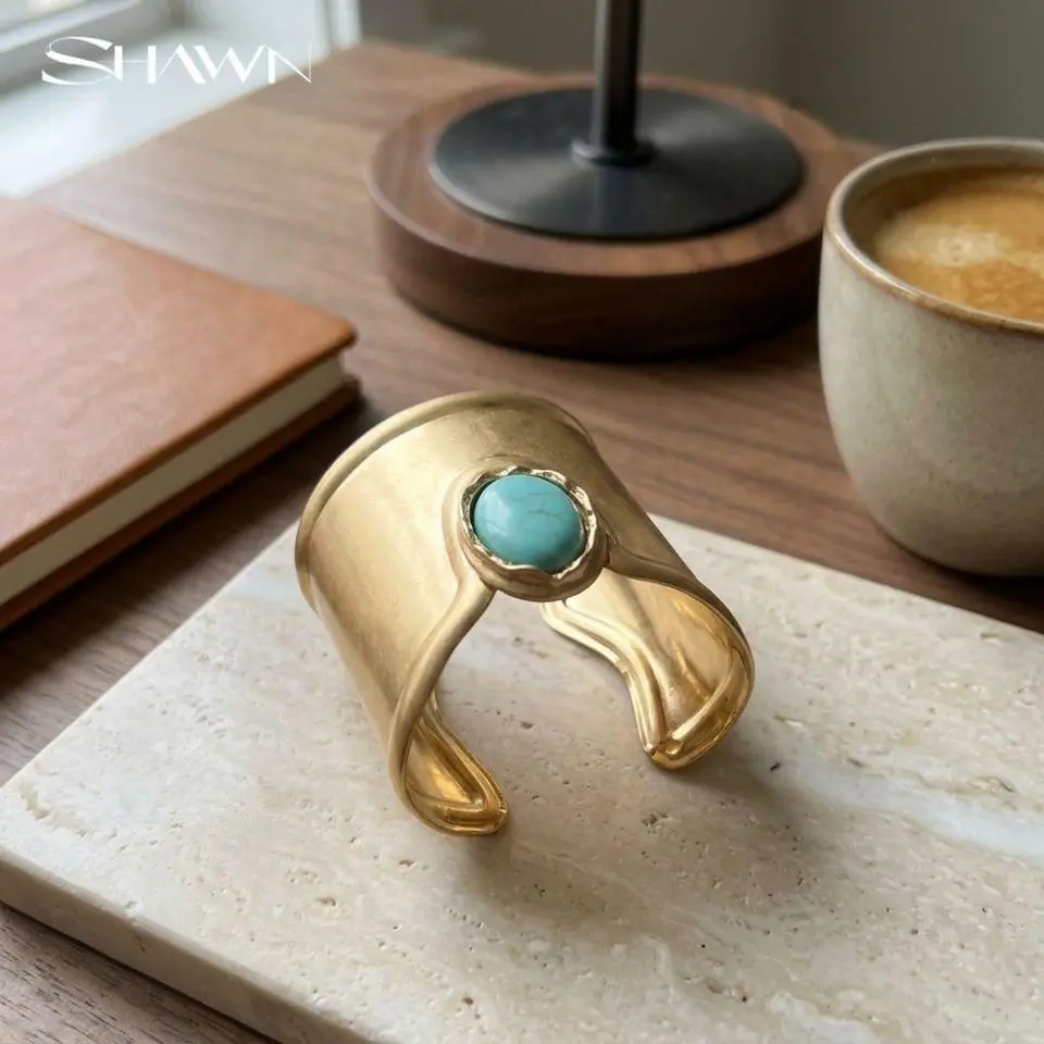 Wide Gold Cuff Bracelet Turquoise Statement Arm Chunky Large Bangle Women Boho