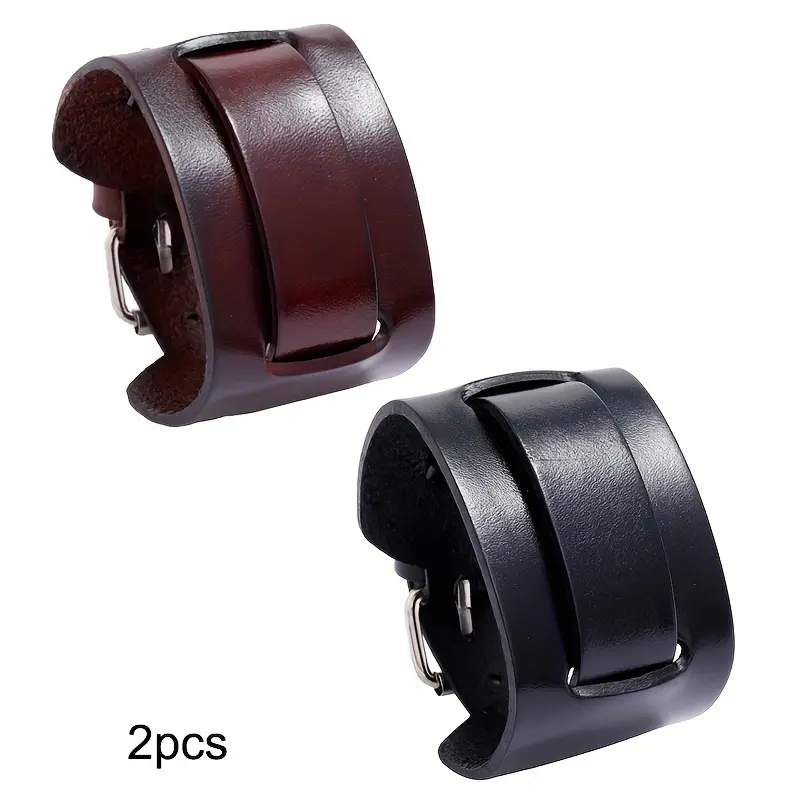 Men's Leather Bracelets, 2-Pack Adjustable Wide Cuff Rock-Style Set in Black and Brown, Minimalist Fashion Gift for Boyfriend, 1 Black + 1 Brown, Male, Party, Party Wear, Adjustable Rock-Style, Boyfriend Party