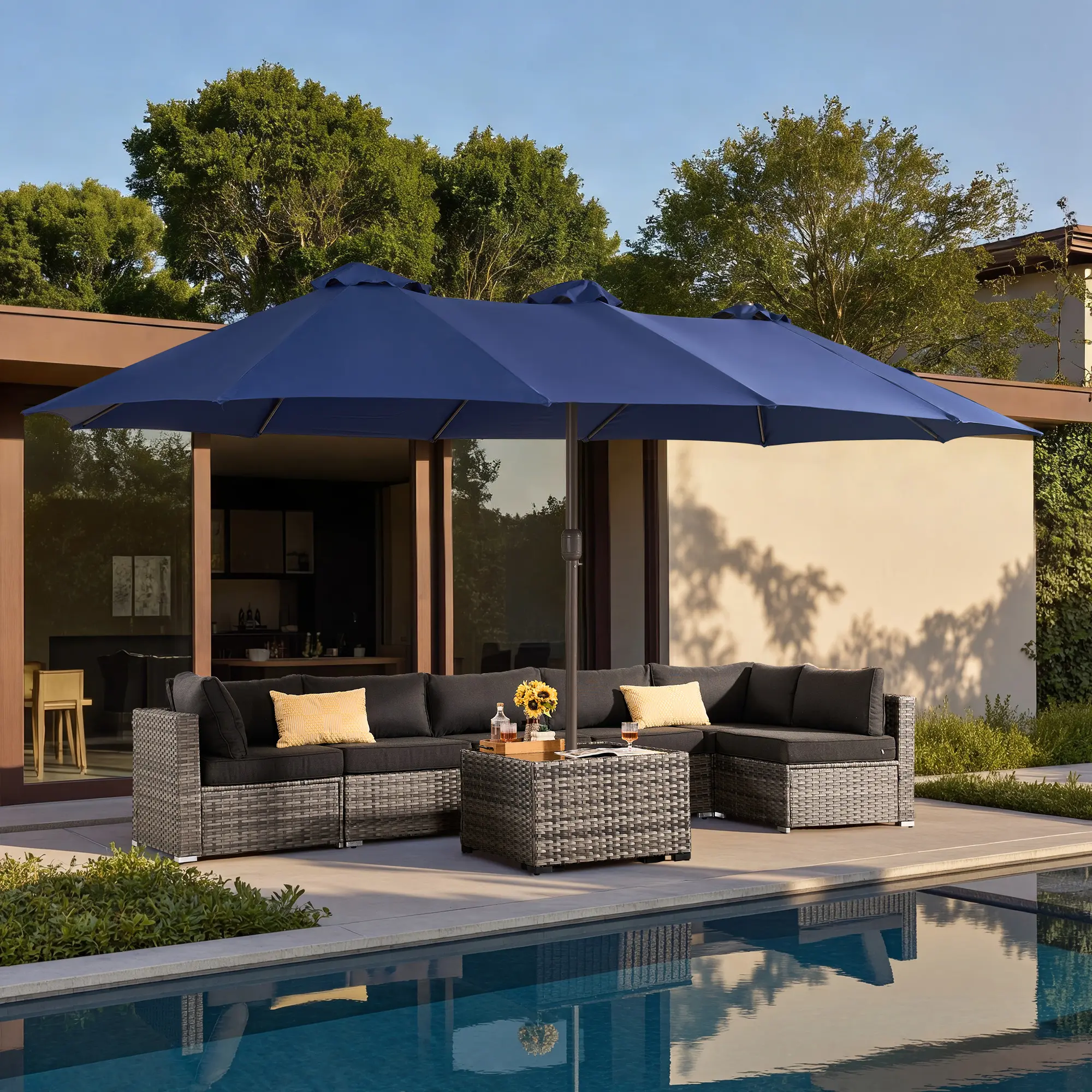 ALLWEX 15' × 9' Patio Umbrella with Base, Waterproof & UV Resistant Canopy for Pool & Garden, Large Rectangular Patio Umbrella with Base, Classic Market Shade Umbrella with Crank