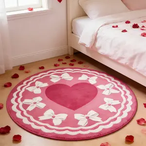 Pink bow heart rug, 1PC bedroom mat, romantic round floor mat, non-slip, soft and fluffy mat, stylish home décor, suitable for living room, bedside table, sofa, walk-in closet and lounge, Valentine's Day gift.