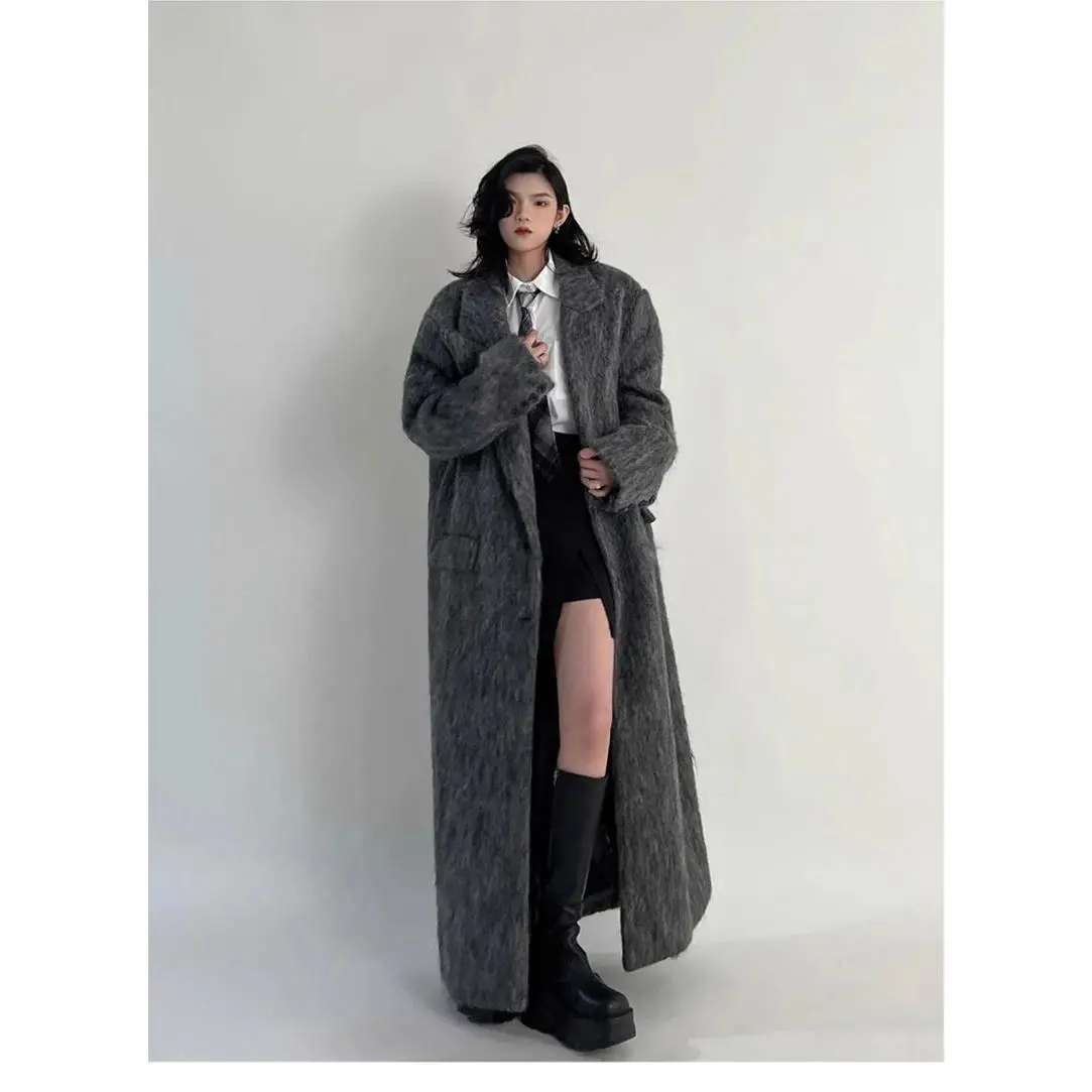 Oversized Extra Long Casual Warm Grey Woolen Fluffy Coat
