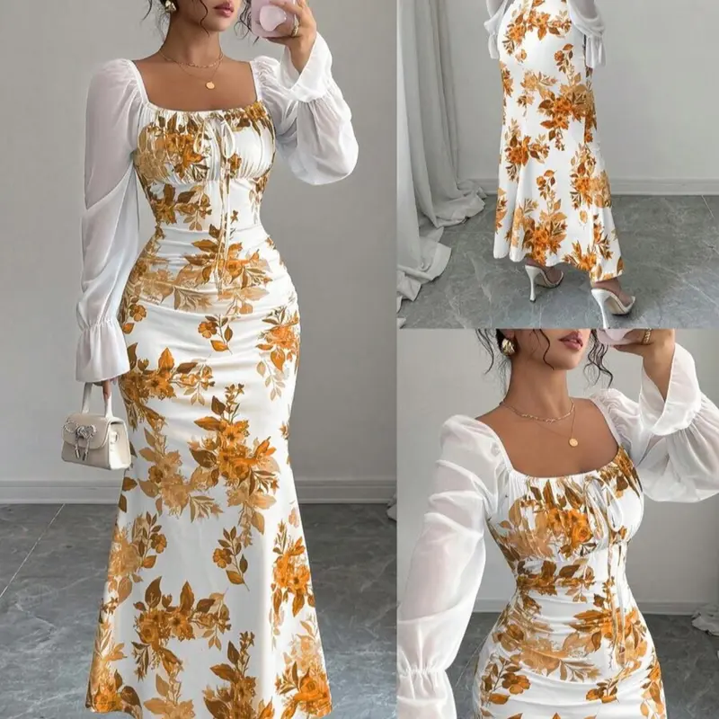 New Women's Fall Long Dress, Bow Tie Chiffon Flounce Sleeve Design, Elegant Slim-Fitting, Floral Formal Dress, Perfect for Formal, Dates, Parties, Daily Wear