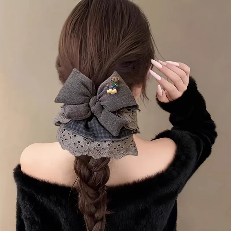 High-end gray lace plaid bow four-layer large intestine hair tie, versatile hair rope for girls' ball heads and low ponytails