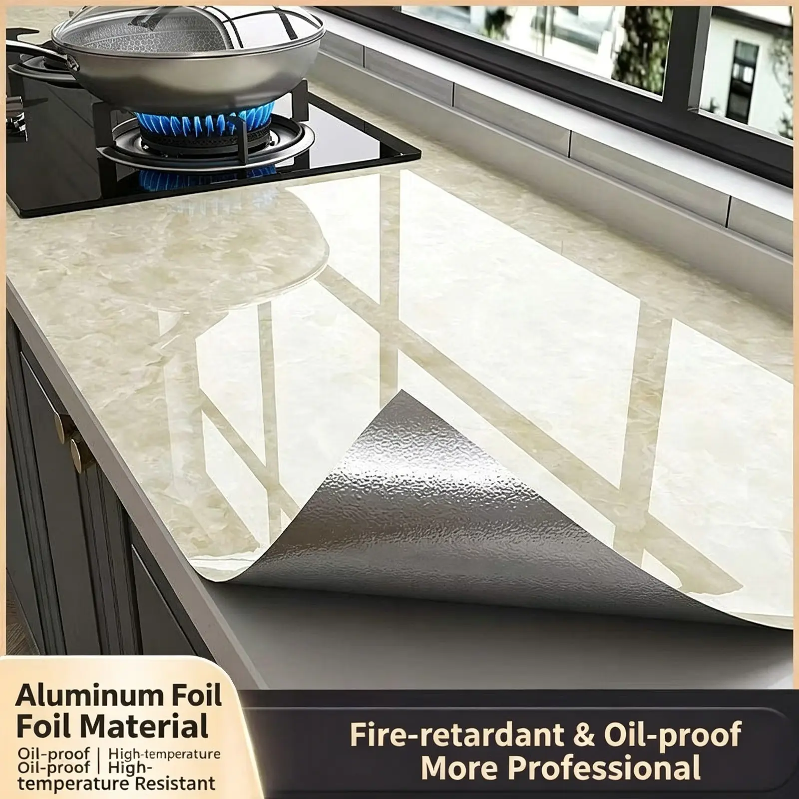 Marble Pattern Aluminum Foil Self-Adhesive Oil-Resistant Kitchen Sticker, Self Stick Wallpaper, Fireproof, Heat-Resistant, Moisture Proof Surface Protector for Cabinets and Stovetop Backsplash, Waterproof Interior Wall Covering