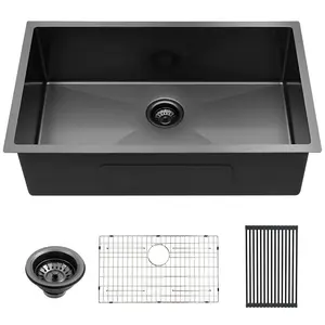 Lordear 28 Gunmetal Black Single Bowl Undermount Stainless Steel Kitchen Sink 28x18x10 Inch Single Bowl 16 Gauge T304 Stainless Steel Nano PVD Kitchen Sink with Accessories