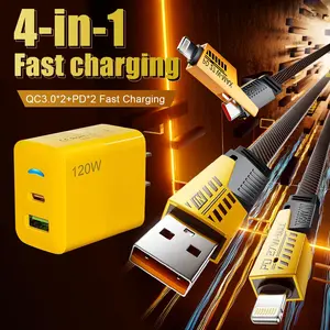 1-Pack Portable Fast Charger, Type C/USB A Dual Ports Adapter,4 in 1 Fast Charging Cable & Data Sync, 5FT Flat Braided Charger Cord for iPhone 17/16/15/14/13/12Pro Max/iPad/Airpods/Samsung Series Phone Accessories