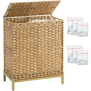 Laundry Hamper with Lid, 112 L Handwoven Rattan Wicker Laundry Basket, 2 Removable Liner Bags Heightened Feet, 6 Mesh Bags, 2 Section Large Clothes Hamper for Bedroom, Natural