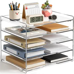 5 Tier Clear Acrylic Desk Organizer, Letter Tray Paper File Organizer and Accessories For Office Supplies