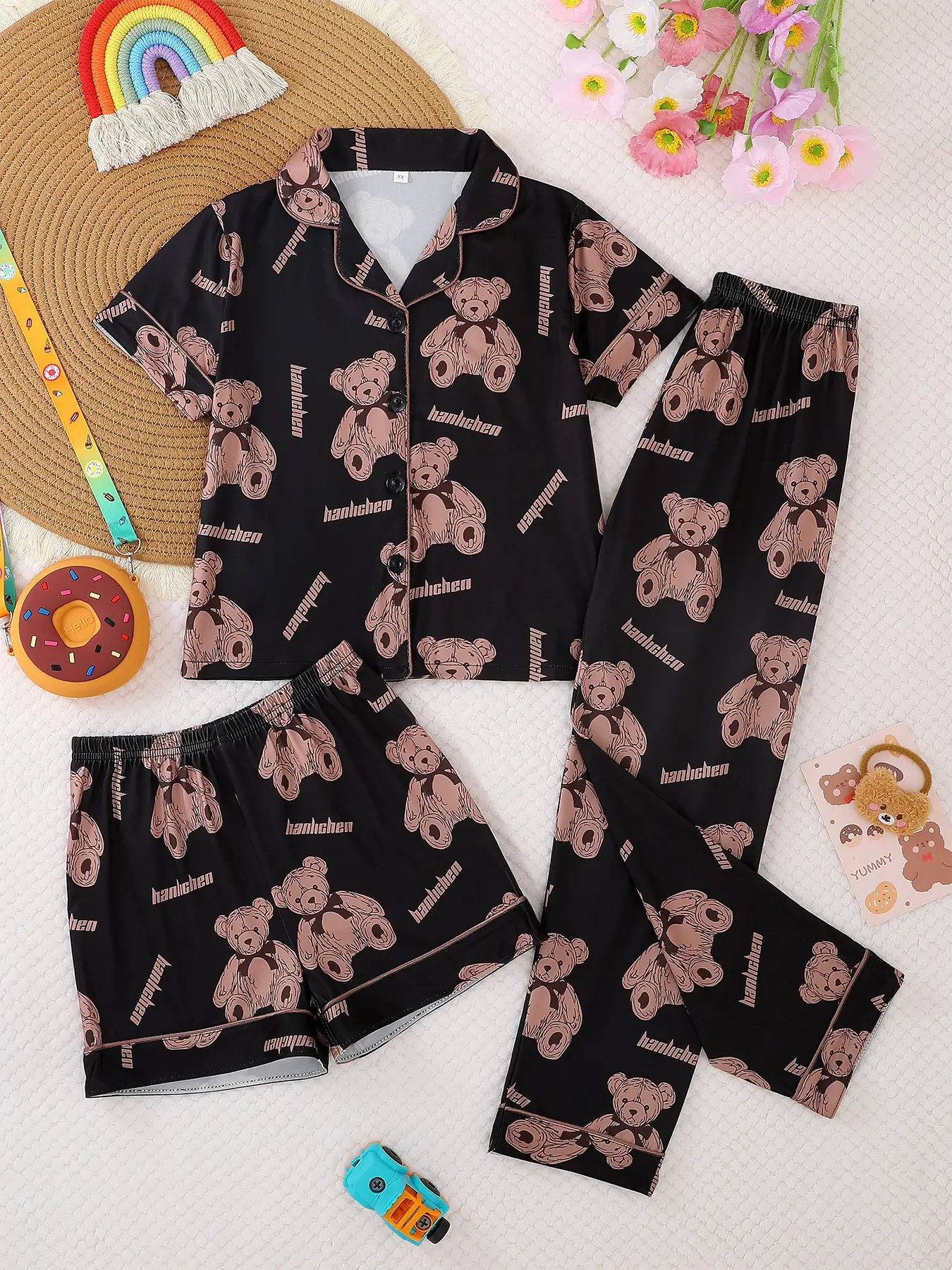 Girls' Cartoon Teddy Bear Sleepwear Set, Casual All-Season Pajamas, Fitted Short Sleeve Top & Bottoms, Button-Front Design, Cartoon Print Pajama, Pajamas Loungewear, Pajama Clothes, Printed Sleepwear Set