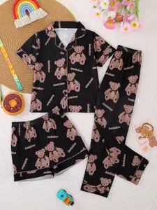 Girls' Cartoon Teddy Bear Sleepwear Set, Casual All-Season Pajamas, Fitted Short Sleeve Top & Bottoms, Button-Front Design, Cartoon Print Pajama