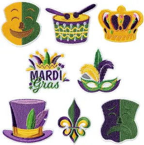 8Pcs Mardi Gras Iron on Patches for Clothing Fleur de Lis Mask Crown Sew on Embroidered Applique New Orleans Holiday Celebration Repair Patch DIY Crafts Projects for Jacket Jeans Pants Backpack Hat
