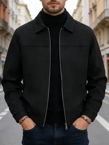 Men's Casual Stand Collar Jacket, Zipper Closure, Faux Suede Fabric, Simple Business Style, Easy Care, Suitable for Daily Life, Work Travel