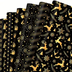 12 sheets of Christmas black and gold wrapping paper, Christmas gift wrapping paper, DIY craft art paper, Christmas party supplies, holiday decoration paper, gift bags, boxes and Christmas decorations, Gift Box Packaging.