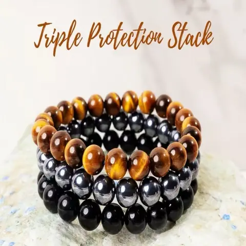 3pcs Bracelet Set, Bracelets Stack, 8mm Tiger Eye, Obsidian, Hematite, Resistance Band Material, No Choking Hazard Warning, Not Plated with Precious Metal