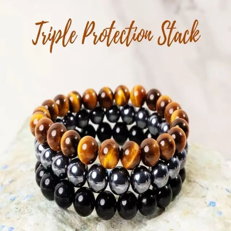 3pcs Bracelet Set, Bracelets Stack, 8mm Tiger Eye, Obsidian, Hematite, Resistance Band Material, No Choking Hazard Warning, Not Plated with Precious Metal