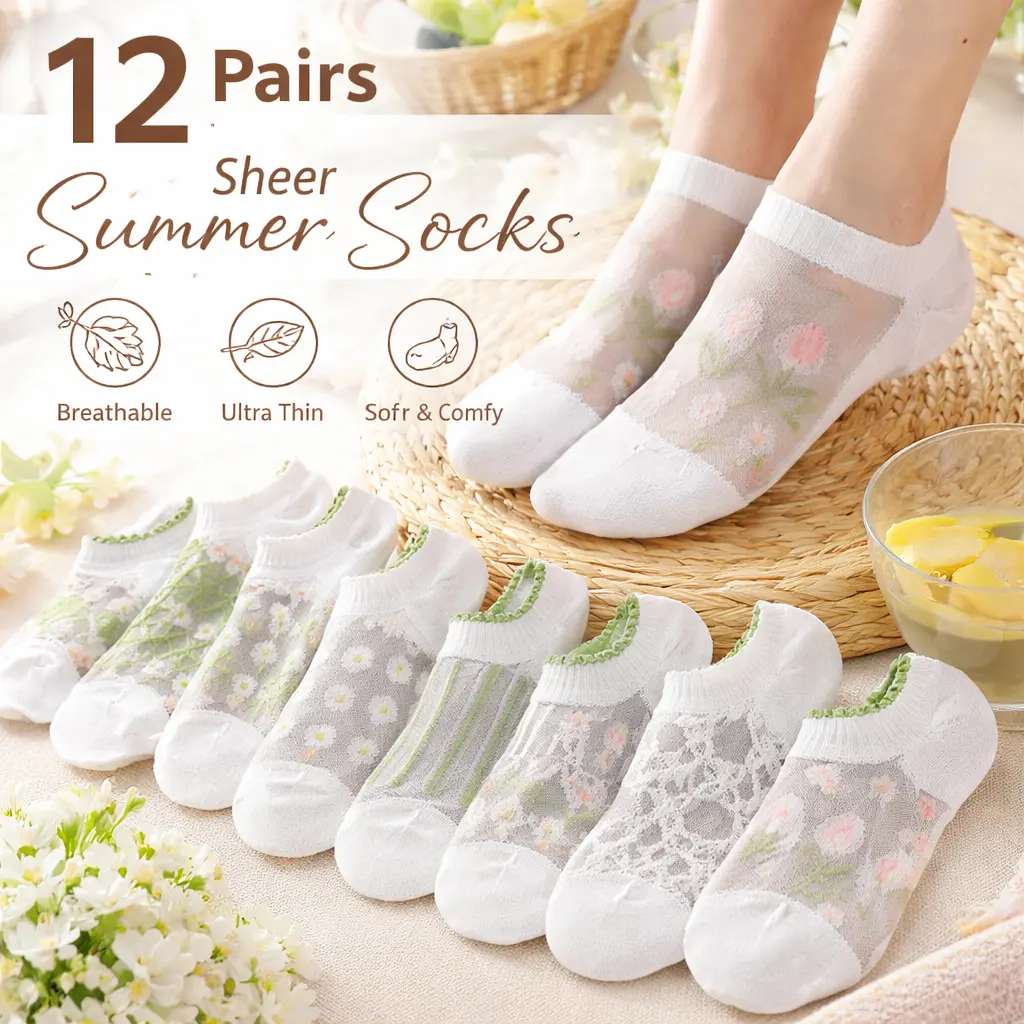 12 Pairs Women‘s Summer Crystal Socks – Mesh Sheer Breathable Low-Cut Invisible Socks, Ultra-Thin Hollow Out Short Socks for Flats & Loafers