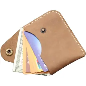 Handmade Leather Card Holder with Snap Closure - Ultra-Thin Minimalist Front Pocket Wallet Hand-Stitched Simple Card Case
