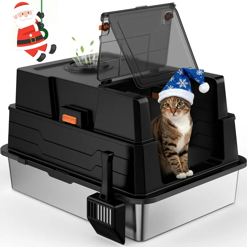 Extra-Large Stainless Steel Cat Litter Box Enclosure, XXXL Size with 17" Spill Guard High Walls, 28" Length, 180° Flip-Top, Low-Entry, Activated Charcoal Bag Odor Control for Cleaner, Drier Floors in Large Cat Homes,familyfun