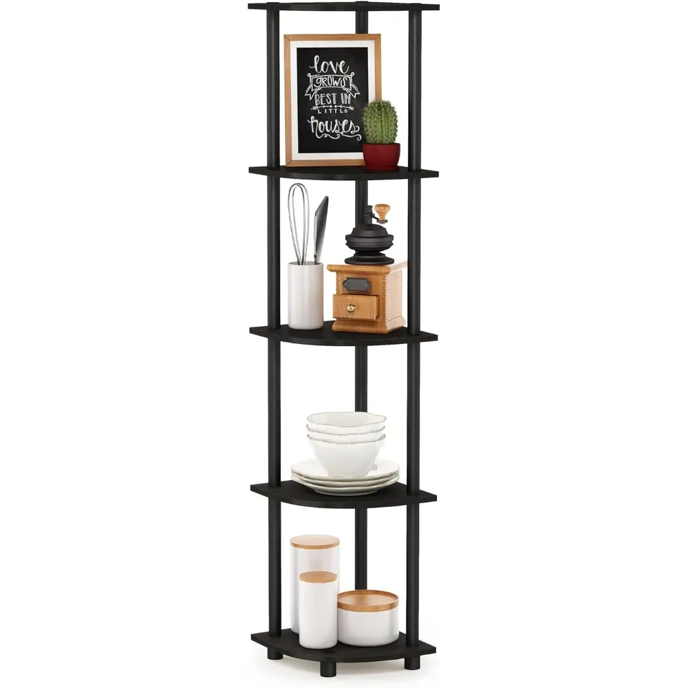 Espresso-Black Wooden 5-Corner Display Rack Shelf, Multifunctional Home Supplies Unit, 11.6x11.6x57.7" Space Saving Solutions for Small Space Decor, 1-Pack, Room