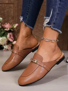 Women's Wide Toe Metal Buckle Loafer Half Slipper, Flat Rubber Sole, Comfortable Lightweight Design, Casual Commute Shoes