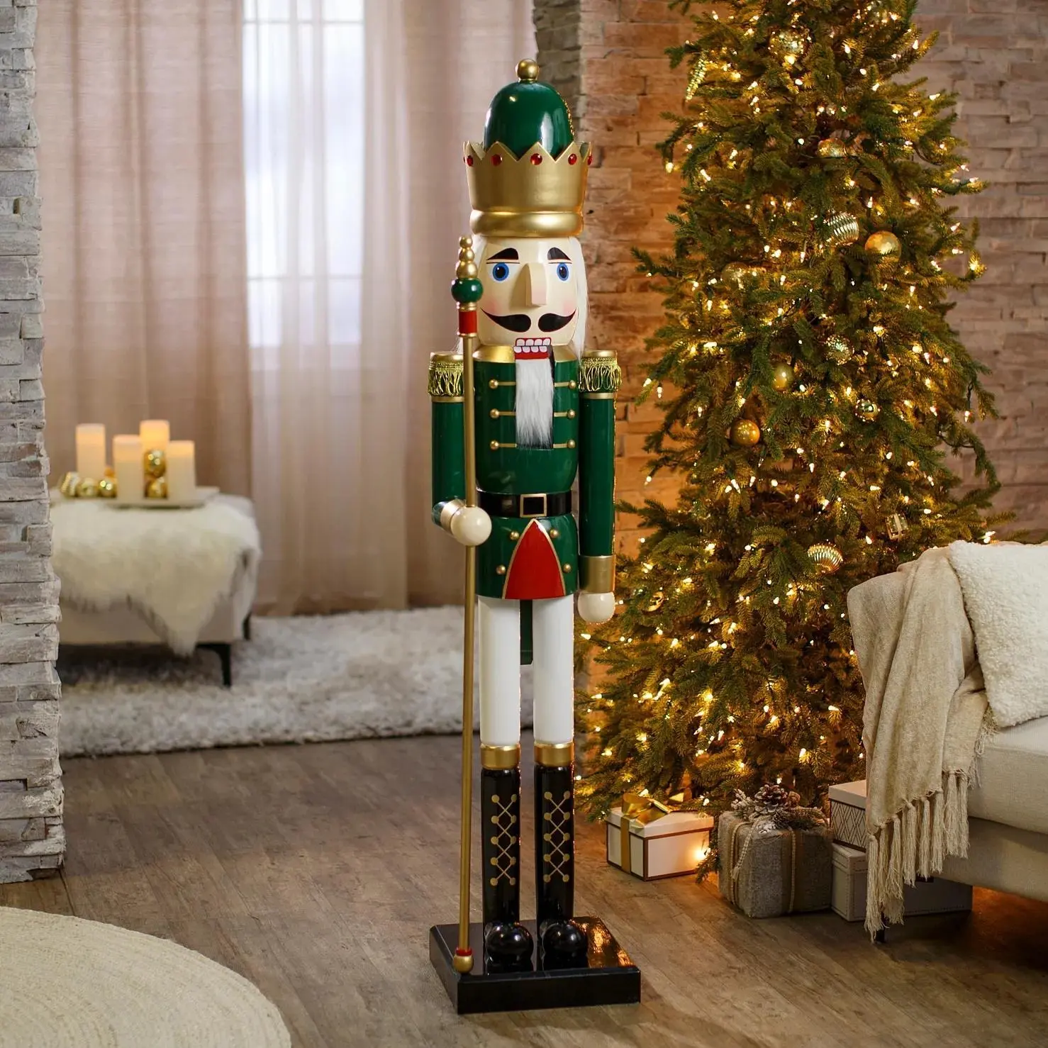5FT Giant Classic Green Wooden Nutcracker with Scepter, Christmas Holiday Decoration