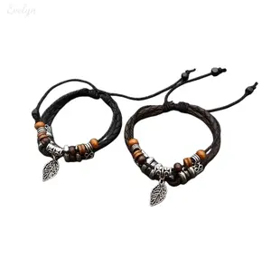Bohemian Leaf Charm Leather Bracelet Set, Adjustable Braided Wristband with Wood Beads, Vintage Tribal Jewelry for Men & Women