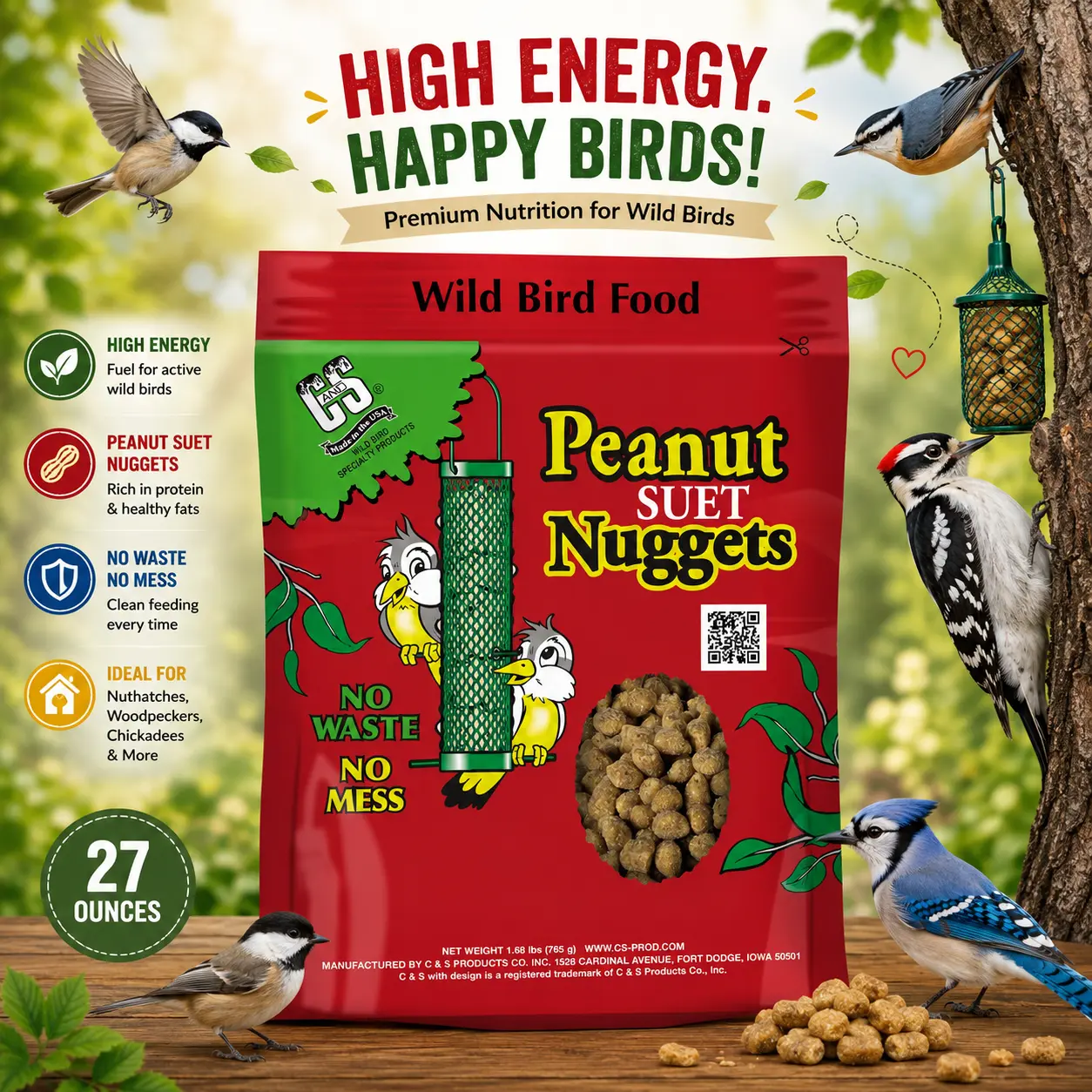 C&S Peanut Suet Nuggets - Outdoor Wild Bird Food for Nuthatches & Woodpeckers, 27 oz Bird Supplies Pet Food