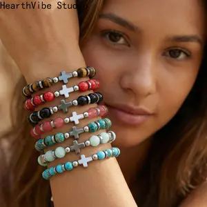 Colorful Patterned Wooden Bead Cross Bracelet, Layered Unisex Sports Wristband for Daily Wear