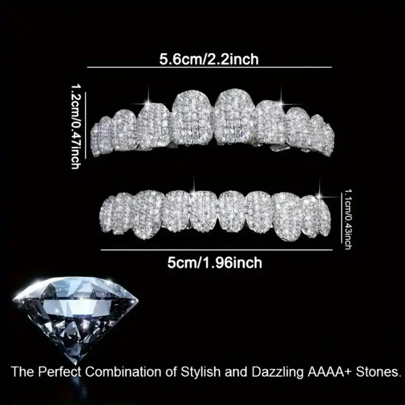 Grillz Teeth, Iced Out Cubic Zirconia 2pc Upper/Lower Set with Sparkling Tooth Gems, Hip Hop Punk Accessory for Teens, Rapper Costume Party