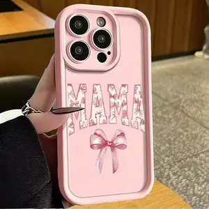 Watercolor MAMA Pink Bow Phone Case for iPhone 17 AIR 17 PRO 16 PRO 15 PRO MAX 14 PLUS 13 PRO 12 11 PRO XS MAX X XR Plus and Samsung Galaxy A13 to A17, A33 to A54, S22 to Galaxy S26 PLUS Ultra Shockproof Protective Cover Full Protection Anti-Drop
