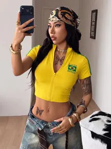 Women's Short Sleeve Fitted Jacket, Brazilian Flag Print, Zipper Front, Standard Collar, Plain Color, Drop Shoulder, Spring & Fall Outdoor Wear