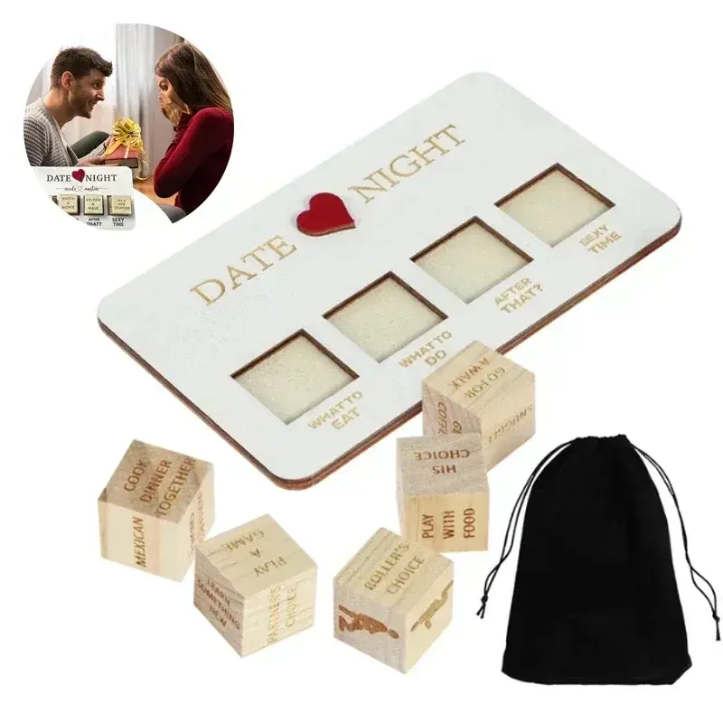 Natural Wood Compact 5-Dice Modern Date Night Game Set - Unisex Romantic Couples Dice for Fun Actions & Decisions, Home & Festive Party Supplies, Party Bag Gift, Five Dice