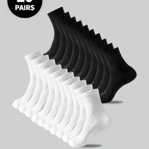 20 pairs of unisex socks, solid black and white casual mid-calf socks, travel socks, moisture-wicking and odor-resistant, minimalist and versatile, comfortable and soft, outdoor sports socks suitable for all seasons, Casual stylish socks