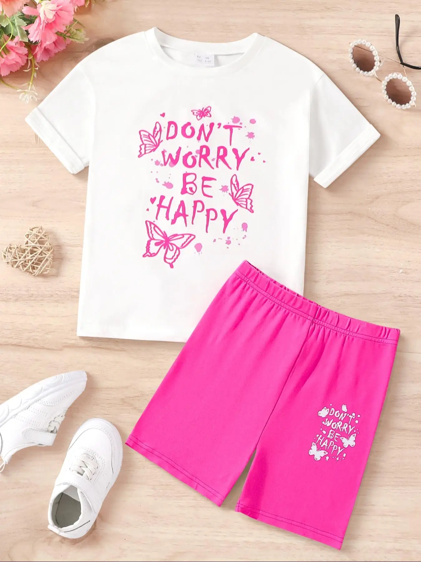 Two-Piece Set Girl's Butterfly Letter Print Short Sleeve Tee & Elastic Waist Shorts Set, Casual Round Neck T-shirt & Shorts for Daily Wear, Kids Cloth