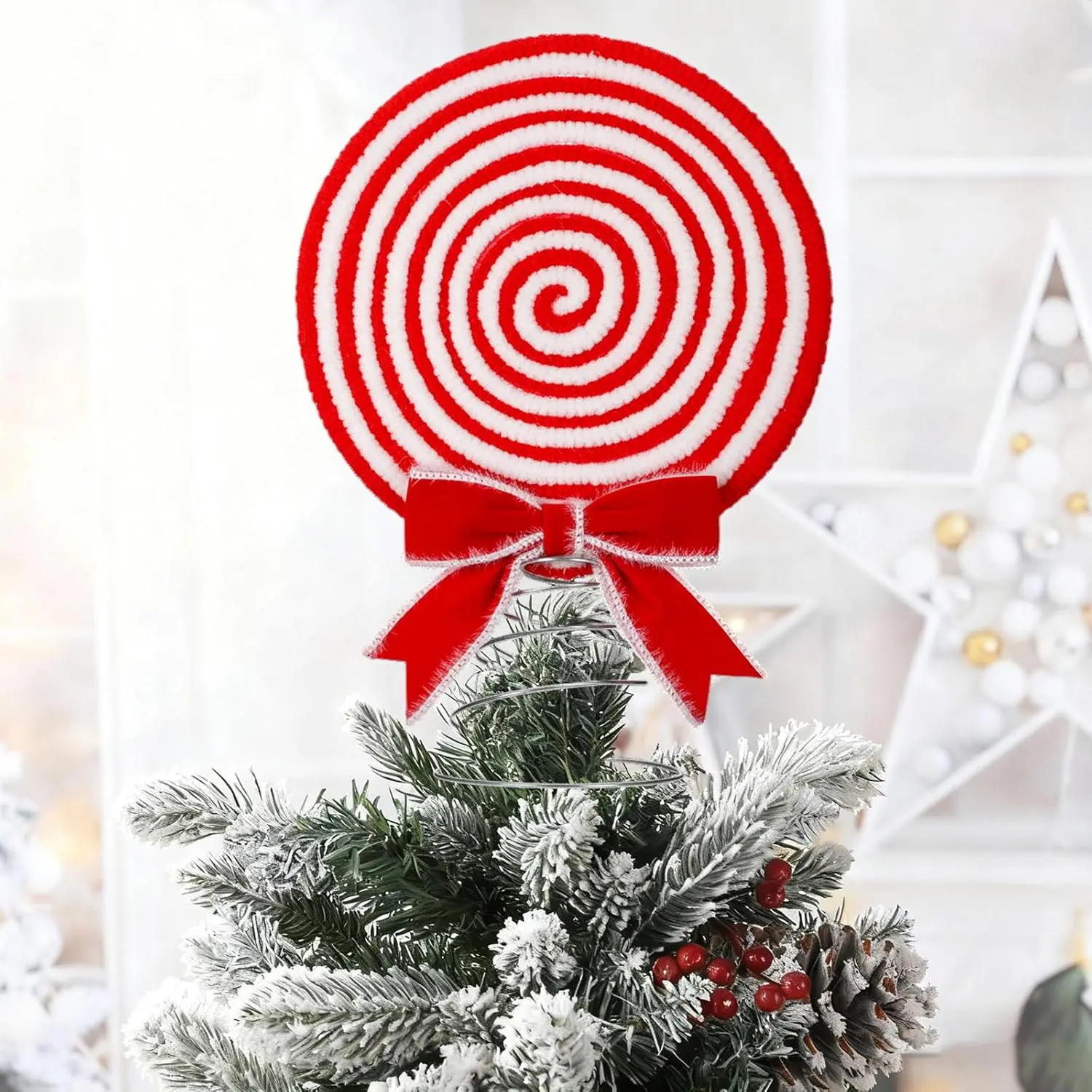 Soulchen Christmas Candy Tree Topper Peppermint Christmas Decor Toppers Large Glitter Candy Cane Tree Ornament Red and White Xmas Decoration 8 Inch Swirl Ornament for Home Xmas Holiday Party Decor